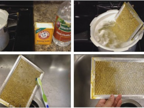 Tẩy sạch bay vết dầu mỡ ở máy hút mùi bằng dấm và baking soda